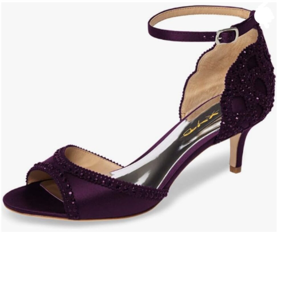 XYD Dark Purple Open Toe Rhinestones Ankle Strap Sandals Low Heel Bridal Shoes